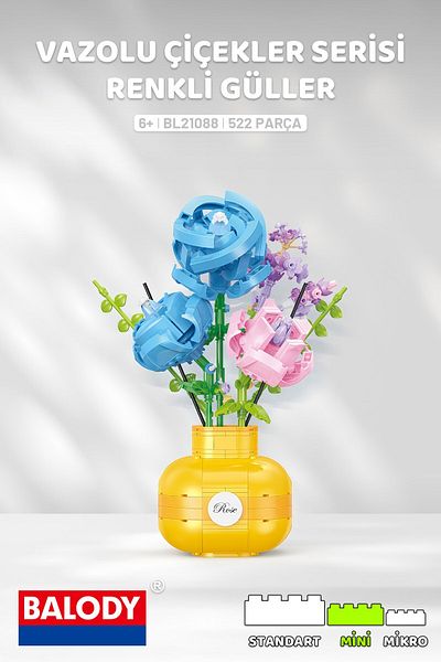 balody Vase Flowers Series – Colorful Roses (Bl21088) – Mini Blocks Building Toys Set