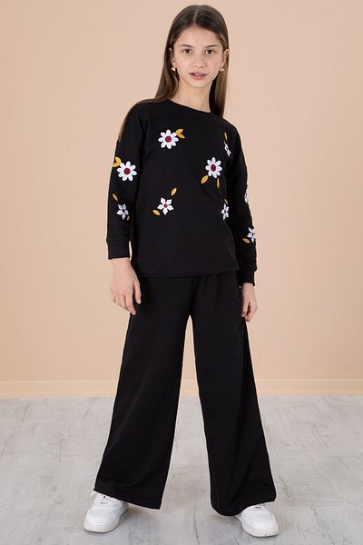Cansın Mini Black Floral Embroidered Badi Wide Leg Girl's Tracksuit Set