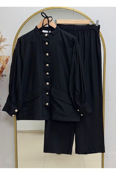 Ebrar Store Nadide Gold Buttoned Trousers Suit-Bn4327 Black
