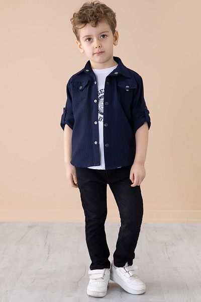Cansın Mini Navy Blue Boy's 3-Piece Bottom Top Set with Snap Fastener Shirt Pants 20263