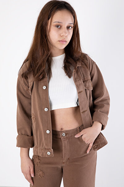 Cansın Mini Кафяв костюм за момиче с бродирани дънки и сако 20364