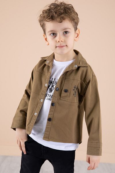 Cansın Mini Ленена риза за момче - кръгла яка, тениска, кафяво 20075