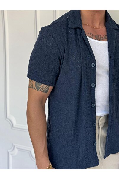 MODEFENDİ Erkek Lacivert Örme Triko Kumaş Desenli Kisa Kollu Gömlek