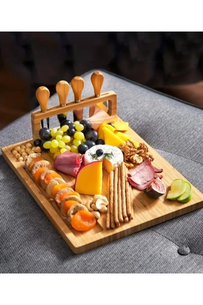 umut züccaciye Bamboo Cheese Presentation Cut Board and Fork Mini Spatula and Knife Set 5 Pieces
