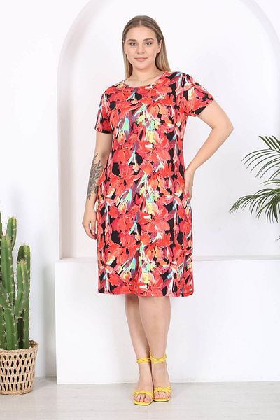 Mooi XXL Red Floral Midi Dress - Watercolor Patterned