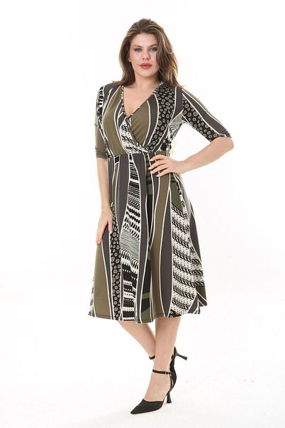 Mooi XXL Plus Size Women's Dress - Khaki White, Geometric Pattern, Double Breasted Collar, Flexible Waist