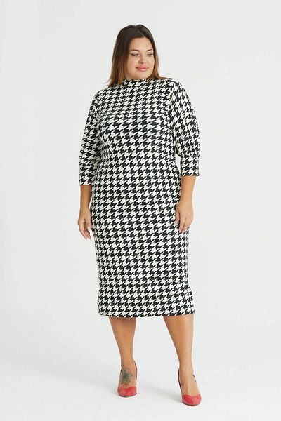Mooi XXL Γυναικείο ασπρόμαυρο μοτίβο Houndstooth Φόρεμα με μισό ζιβάγκο με σχισμή ελαστικό σουέτ