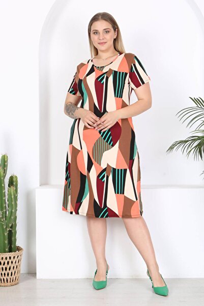 Mooi XXL Green Geometric Patterned Women's Midi Dress - Salmon