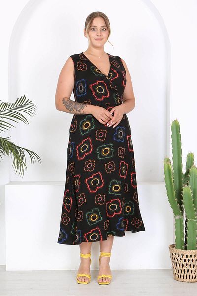 Mooi XXL Γυναικείο Maxi Φόρεμα Plus Size - Μαύρο νέον μοτίβο λουλουδιών, αμάνικο, διπλό γιακά