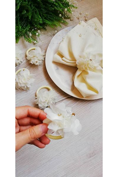 LİMOMİ Cream Laser Flower Stone Pearl Napkin Ring (6 Pcs)