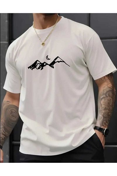 WOODROFFE Ανδρικό μπλουζάκι με στάμπα βουνού Oversize Casual Boyfriend