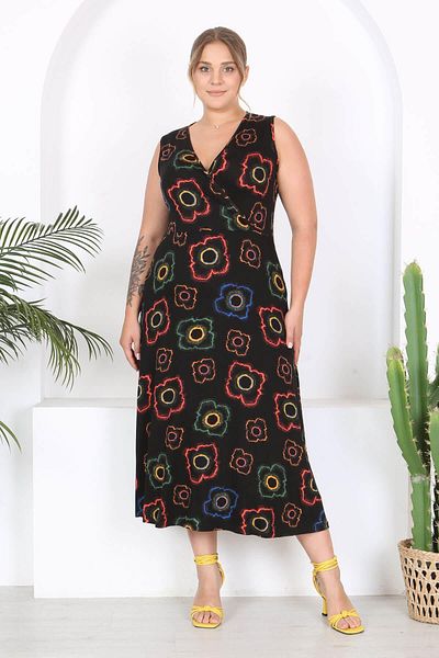 Mooi XXL Γυναικείο Maxi Φόρεμα Plus Size - Μαύρο νέον μοτίβο λουλουδιών, αμάνικο, διπλό γιακά