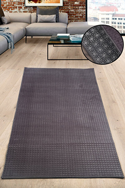 Teksev Square Plus Anthracite Color Cutting Runner Soft Surface Non-Slip Base Machine Washable Plush Carpet