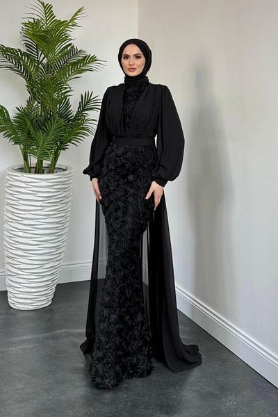 MERVEN AKYÜZ Black Mozella Rose Evening Dress