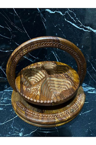 DUMANS Mega Size 25 cm Carved Motif Snack Bowl - Sugar Bowl - Wooden Tray - Bowl