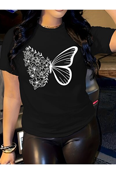 GALASHOP طاقم الرقبة فراشة مطبوعة قصيرة الأكمام تي شيرت