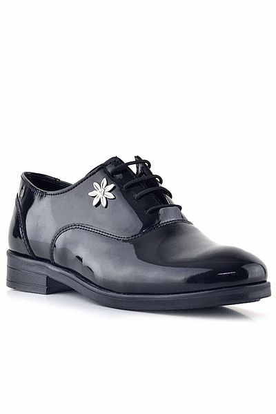 Rakerplus Black Patent Leather Laced Floral Detailed Children's Classic Shoes
