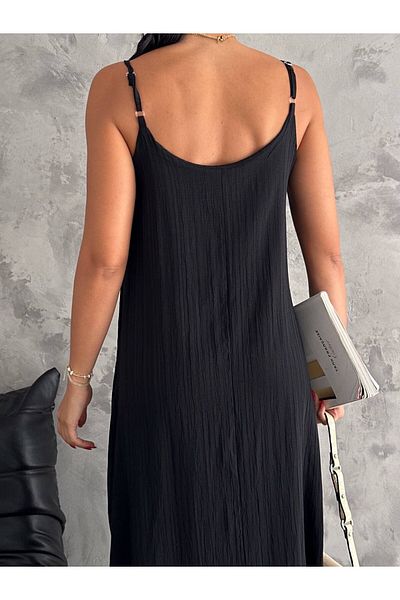 BYKUZEYARAS Summer Adjustable Strap Dress - Black Long Dress