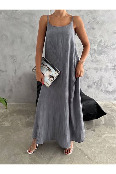 BYKUZEYARAS Γκρι ρυθμιζόμενο λουράκι σε κορδόνι casual maxi φόρεμα