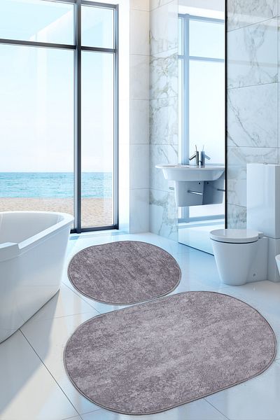 Dokumacıoğlu Nova Grey Oval 60x100 + 50x60 cm Σετ 2 πατάκια μπάνιου Αντιολισθητική βάση που πλένεται σετ καθίσματος τουαλέτας