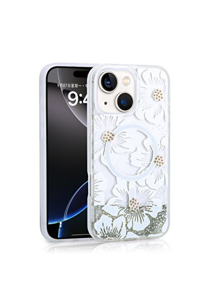 noktaks iPhone 15 Compatible Case Liquid Glitter Printed Transparent Back Surface Mossa Silicone Cover-Gray-T35565