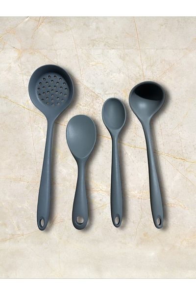 VERKFİ 4Pcs Gray Silicone Heat Resistant Fireproof Spoon Set - Colander and Rice Spoon