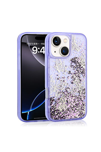 Ummeslem Apple iPhone 15 için Uyumlu Kılıf Sıvılı Simli Kelebek Baskılı Şeffa...