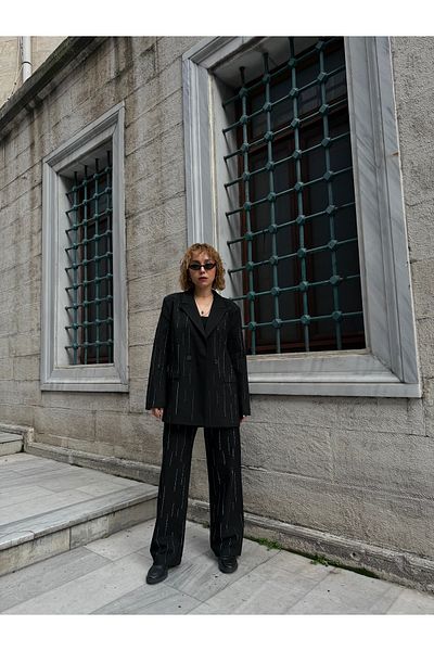 Bak'ap Design Shiny Stone Embroidered Trousers -Stones Blazer Cotton Double Suit