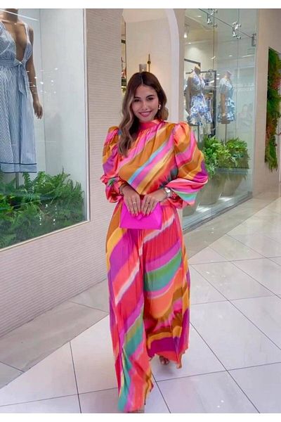 Pulli Collection Satin Fabric Pleated Skirt and Blouse Double Set