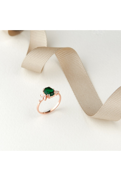 Siset Gümüş 925 Ayar Oval Zümrüt Taşlı Gümüş Yüzük