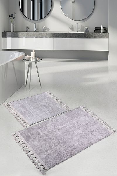 Dokumacıoğlu Nova Grey 2 τεμαχίων γωνιακό πομπόν με κρόσσια χαλί μπάνιου Αντιολισθητικό σετ πατάκι που πλένεται