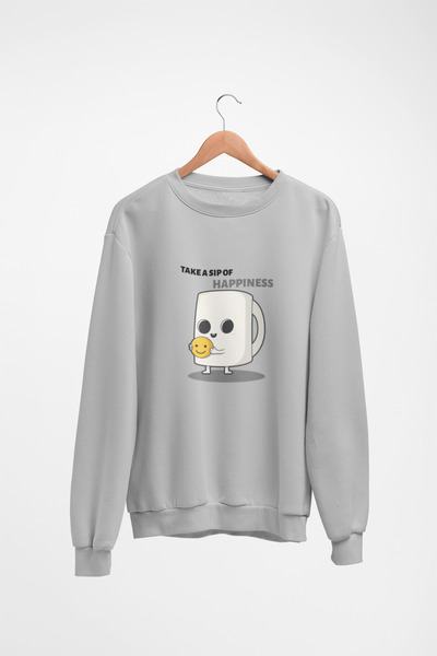 Butik Unisex Long Sleeve Happiness Transfer Printed Crew Neck Sweatshirt