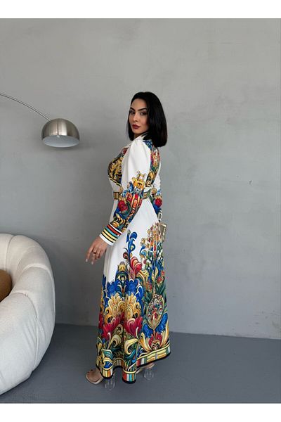 WellWay Rochie galbenă cu guler de cămașă cu imprimeu floral Atlas, cu detaliu de nasturi (INCLUSIV CUREA)-2501