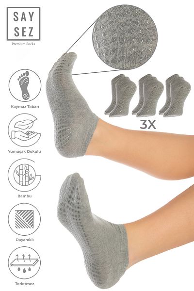 SAYSEZ Bamboo Women - Gray Melange Silicone Printed Pilates Yoga Fitness Booties Set of 3