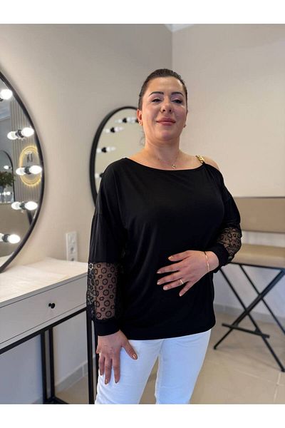 garajmood Plus Size Blouse with Black Shoulder Chain and Sleeve Lace Detail