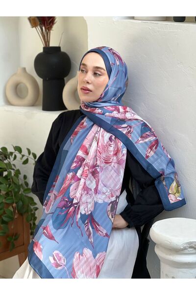 Modakaşmir Σάλι από μπαμπού με ρίγες με σχέδιο Azalea - Μπλε ναυτικό