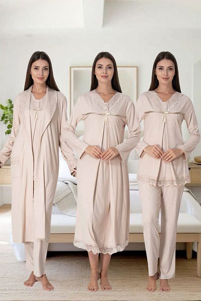 Effortt Primum 4-Piece Maternity Sleepwear and Dressing Gown Set - Lace Detail, Elegant Design