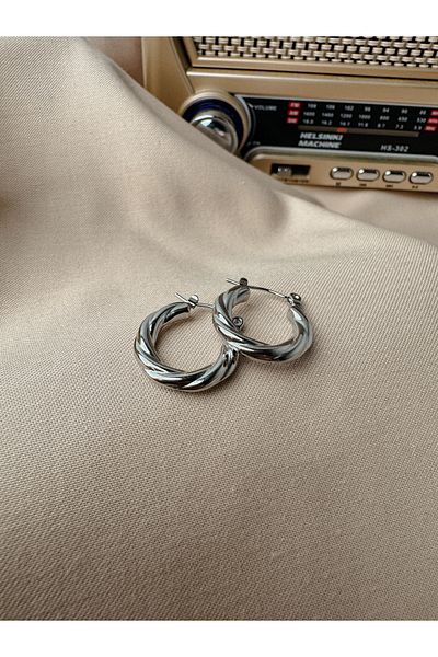 zarifje Silver Colored Patterned Hoop Earrings