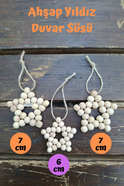 tsundoku Dekoratif Ahşap Boncuklu Yıldız Set 3'lü, Çocuk Bebek Odası Duvar Sü...