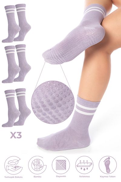 SAYSEZ Lilac 3-Piece Bamboo Women's Tennis Socks - Anti-Slip Sole and Silicone Print Pilates Yoga Fitness Dancing Activity
