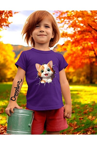 oneagılyazı Sevimli Kedi Baskılı Kız Çocuk Oversize T-Shirt
