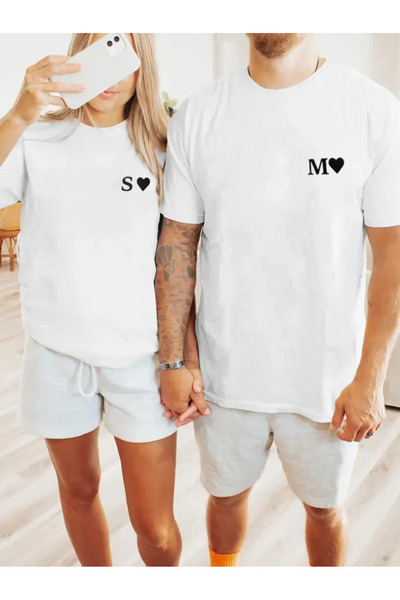 barsdepo Sevgili Çift Kombini Kişiye Özel Harf Baskılı 2'li T-shirt