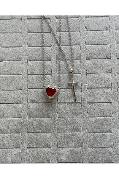 DELLS ACCESSORY Çelik Zincirli Kalp Kılıç Çift Kolyesi 14 Şubat hediyesi