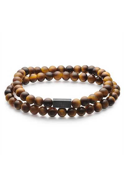 True Rebels Edelsteinarmband 2er Set Armbänder Edelstahl gunmetal Tigerauge braun