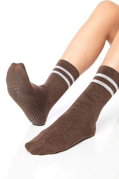 SAYSEZ Bamboo Women's Anti-Slip Sole Silicone Print Pilates Yoga Fitness Dance Activity Brown Tennis Sock