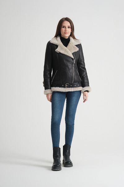 By Marki Marki Black Genuine Leather Coat, White Inside, Belted Details, Chic Elegance - 70 cm