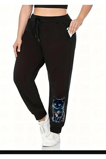 caddekombin Γυναικείο παντελόνι Cat με τύπωμα Jogger Comfort Fit Mold Μαύρο π...