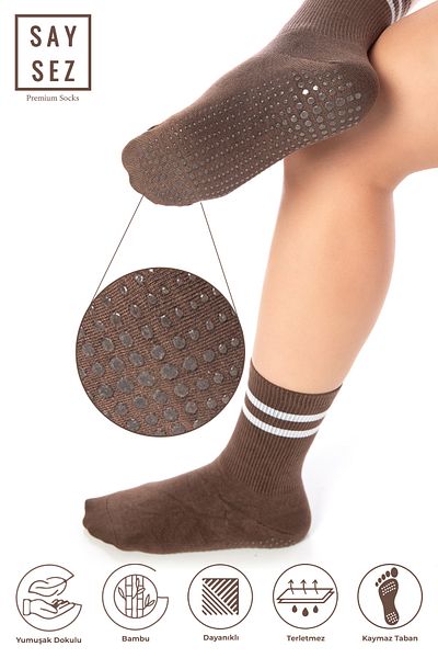 SAYSEZ Bamboo Women's Anti-Slip Sole Silicone Print Pilates Yoga Fitness Dance Activity Brown Tennis Sock