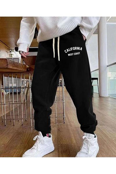 caddekombin Men's California Printed Jogger Leg Elastic Regular Fit Fit Black Sweatpants