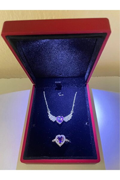 JUPİTER HOME Işıklı Ledli Kutuda Çelik Mor Kanatlı Kolye Ve Yüzük 14 Şubat Se...